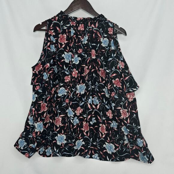 Cynthia Rowley Cold Shoulder Georgette Blouse Medium Black Floral Fairycore Boho - Picture 2 of 8